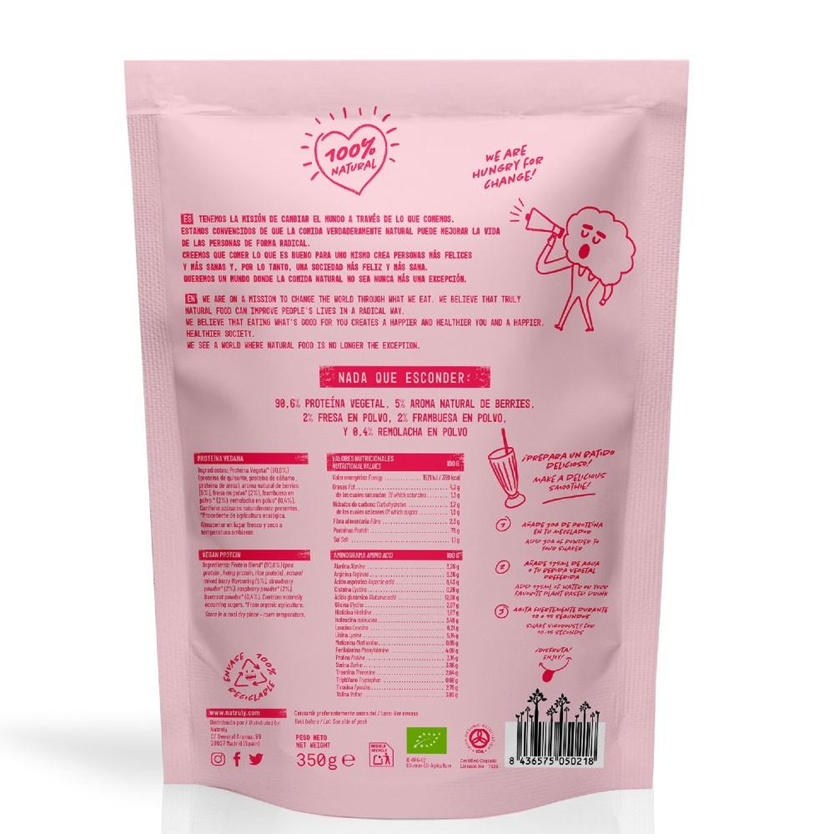 Natruly Proteína Vegana Frambuesa Fresa, 350g de Natruly - Imagen 2
