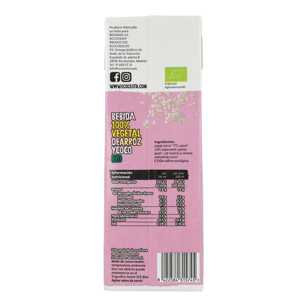 Bebida Vegetal De Arroz y Coco Bio sin azúcar añadido, 1L de Ecocesta - Imagen 3