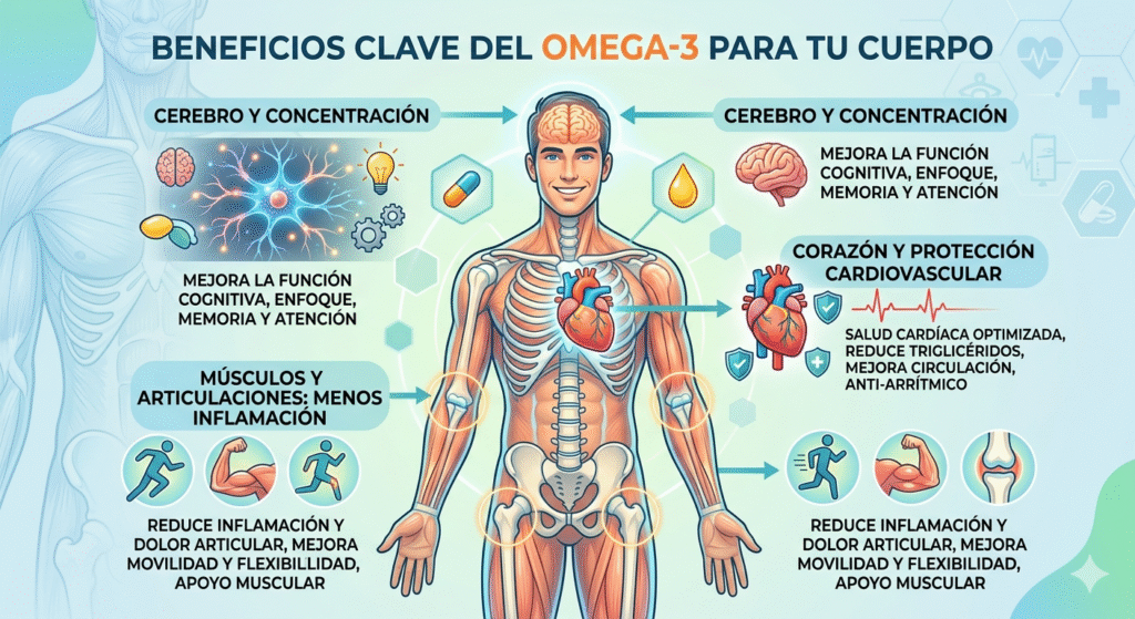 Mapa anatómico con beneficios del omega 3: concentración cerebral, protección cardiovascular y menor inflamación en músculos y articulaciones.
