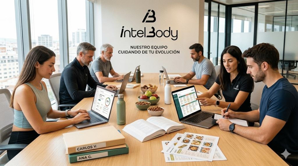 Equipo de nutricionistas de IntelBody trabajando en la oficina, diseñando planes nutricionales y dietas personalizadas en ordenadores portátiles.