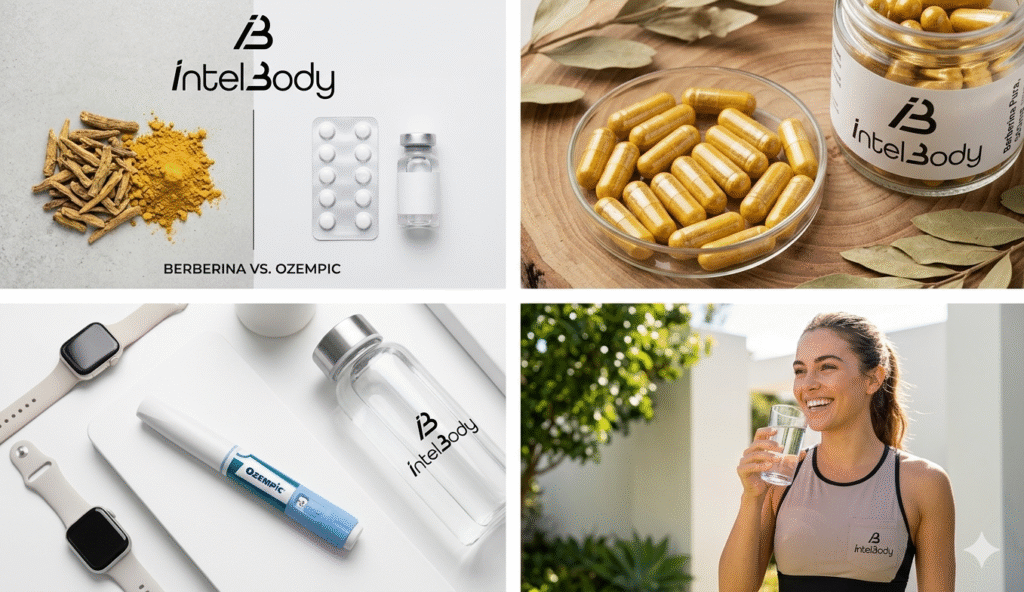 Cápsulas de extracto puro de berberina natural sobre una cuchara de madera junto a trozos de raíz, suplemento para la salud metabólica de IntelBody.